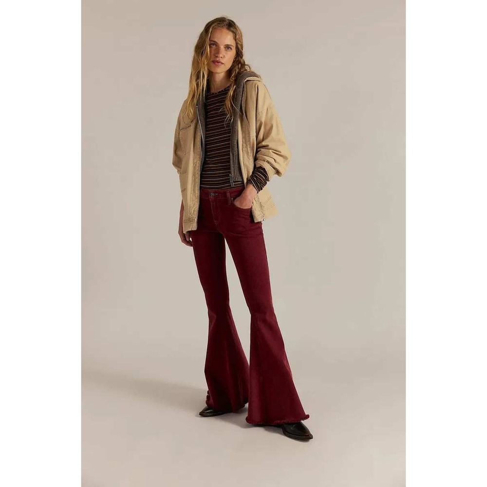 We The Free Emre Flare Jeans Burgundy Red Raw Hem Bell Bottom Size 27